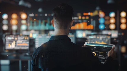 Digital Visionary Tech Entrepreneur Analyzing SEO Metrics and User Engagement Data on Tablet Innovation and Strategy Concept