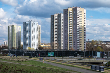 Katowice, Silesian, Poland - Cityscape over the communism style apartment blocks