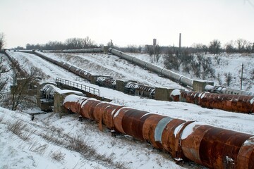 The Seversky Donets Canal flows through pipes in winter. Gorlovka, Donetsk region.