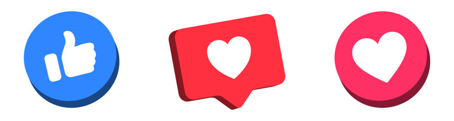 3d Like and love icon button. Thumbs up and heart flat icon in modern 3d speech bubble shapes , Social media notification icons. emoji post reactions set. Vector illustration