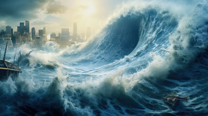 illustration of a giant tsunami wave rolling over a metropolis