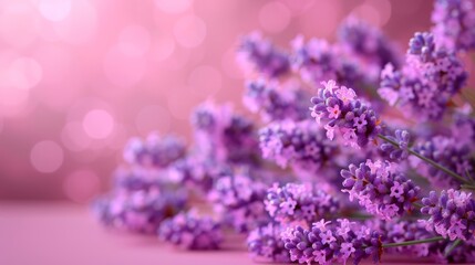   A tight shot of lavender blooms against a pale pink backdrop, illuminated by soft glows in the distance