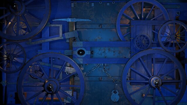 An intricate steampunk frame, adorned with gears, wheels, clockwork, and rivets, set against a rustic wooden backdrop, blending fantasy with industrial aesthetics, blue style