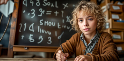 Girl writing on piece of paper in front of chalkboard.