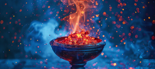 Hookah hookah with glowing red coals and flying sparks in a bowl on a blue background