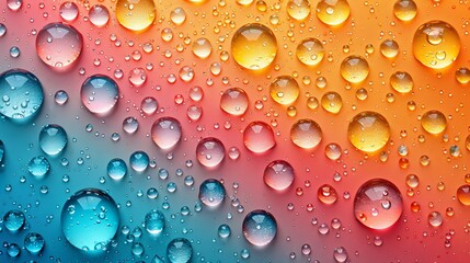   A tight shot of water droplets on a multicolored surface, featuring a rainbow hue Background comprises horizontal stripes in red, yellow, and blue