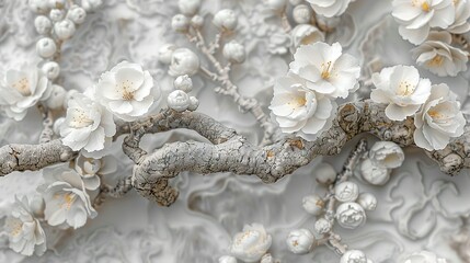   A tree branch with white flowers against a wallpapered wall background featuring white flowers