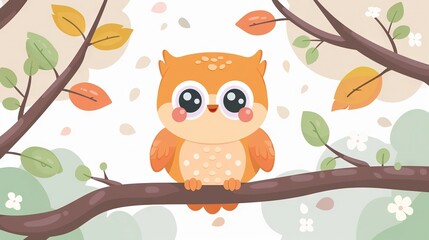   An orange owl perched on a leaf-draped branch, eyes brightly open against a white canvas