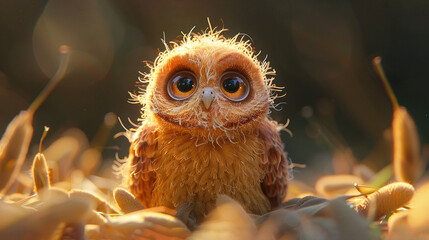   A close-up of a tiny owl perched amidst a heap of fallen leaves, with its gaze fixated intently on the lens
