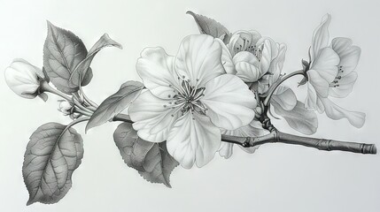   Drawing a branch on white with flowers and leaves in black & white