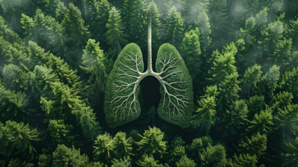 An abstract concept of a pair of lungs as trees in a forest breathing in clean oxygen air from an aerial view