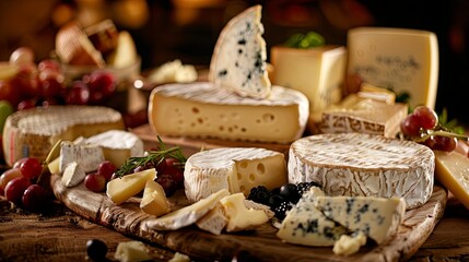 Cheese Assortment, Perfect for producers of cheese and dairy products. The background can depict an assortment of cheeses of various shapes and types. Generative AI.