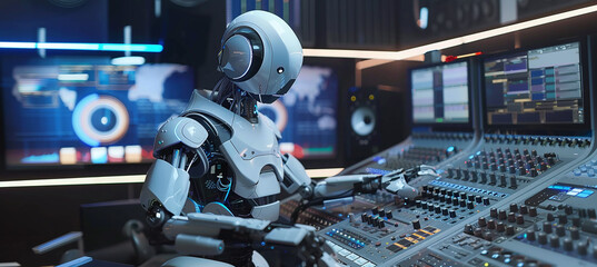 Obraz premium AI humanoid robot working in a radio station studio