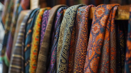 colorful collection of silk scarves showcases intricate patterns and rich textures, capturing the essence of traditional fabric design