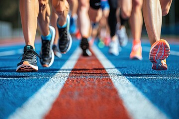 A diverse group of athletes are running on a track, each wearing vibrant colored shoes. They are focused on reaching the finish line with speed and determination