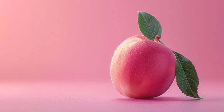 A fresh peach with a droplet and green leaves against a soft pink background.