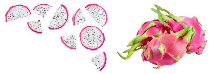 piece of Dragon fruit, Pitaya or Pitahaya isolated on white background with copy space for your...