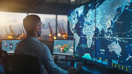 Global Logistics Optimization Business Analyst Strategizing Shipping Routes on Digital Map