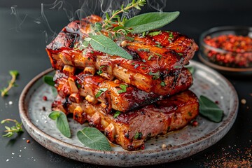 Succulent grilled ribs stacked on a plate, garnished with herbs and spices, emitting aromatic steam.