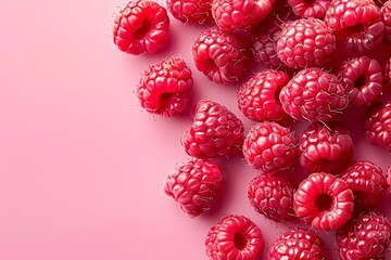 Fresh raspberries scattered on a vibrant pink background forming an attractive banner-like display.