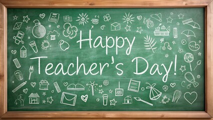 happy teachers day on a chalkboard with different school elements sketches Teachers Day Background