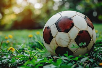 Fototapeta premium This image shows a retro styled deflated soccer ball laying on green grass with yellow flowers and a blurred background of trees and sky. The ball is old and has brown patches