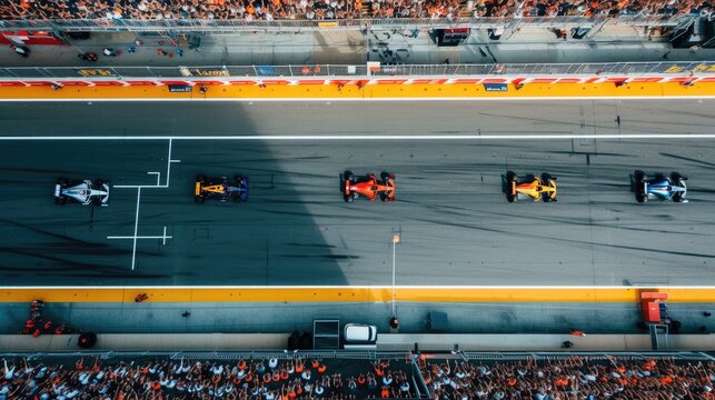 Aerial view of racing car driving car at race track surrounded with smart spectator cheering and watching the competition at grand stand. Top view of group of car racing along the race track. AIG42. - Powered by Adobe