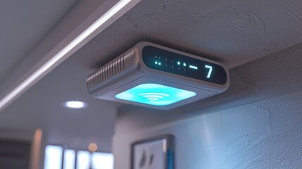 Modern Smart Home Technology WiFi 7 Access Point with Soft LED Glow on Ceiling