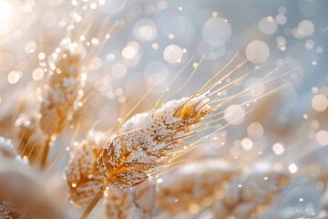 Fototapeta premium Close-up of golden wheat ears dusted with sparkling frost, gleaming under a soft, glowing light with a bokeh background.
