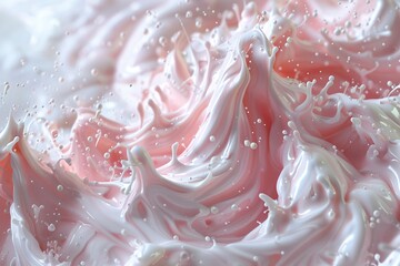This image depicts swirling patterns of pink and white milk splashes, creating a fluid, dynamic, and artistic expression.