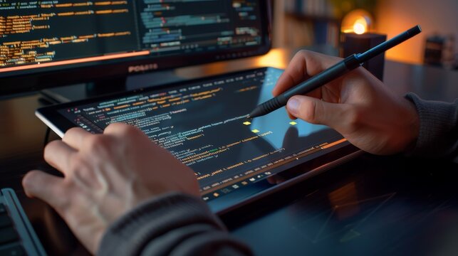Precision Programming CloseUp of Developer's Hands Using Tablet to Code in Python with Digital Pen Highlighting Syntax Errors