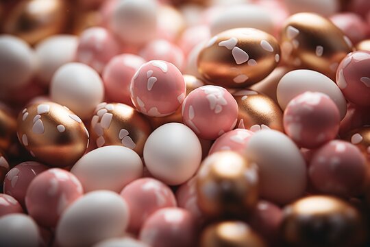 Close-up image of a collection of shiny and matte textured spheres in pink, white, and bronze tones.