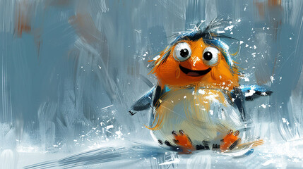   A stunning painting depicts a blue-hatted and jacketed bird perched in the snow