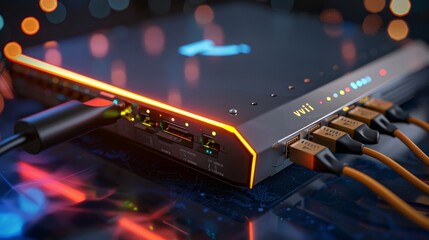 Seamless Connectivity CloseUp of HighSpeed Network Cable Plugged into WiFi 7 Router for Tech Conference Setup