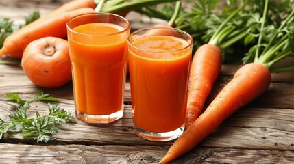 Three Glasses of Carrot Juice Next to Carrots