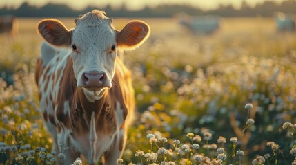 Cow Standing in Field of Yellow Flowers
