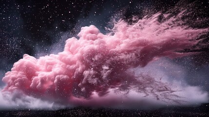   A pink cloud of smoke floats against a star-studded night sky, backed by a black expanse