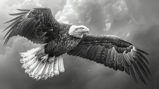   A black-and-white picture of a bald eagle soaring through the sky with wings extended, surrounded by clouds