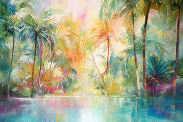 Peaceful Palm Paradise, abstract landscape art, painting background, wallpaper, generative ai