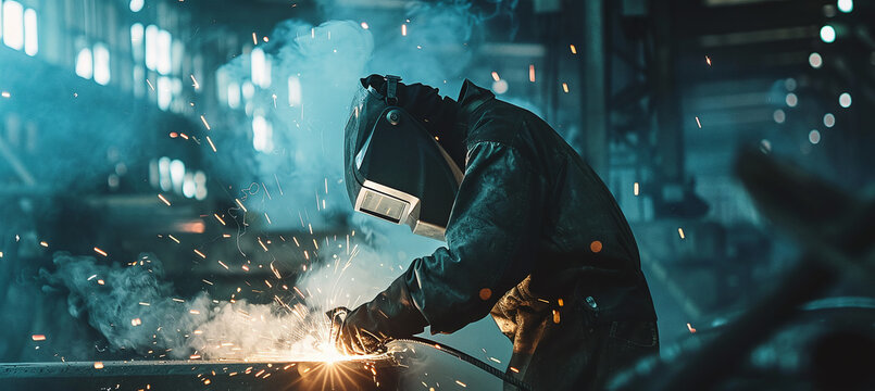 Industrial worker working with arc welding machine to weld steel in factory