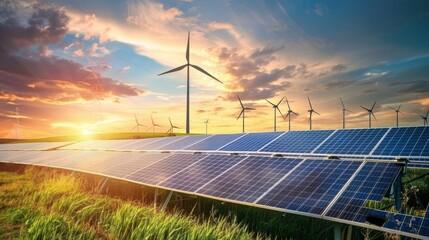 Solar panels and wind turbines at sunset.