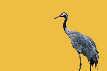 Grey crane on yellow backdrop with head turned to side in natural pose - obrazy, fototapety, plakaty