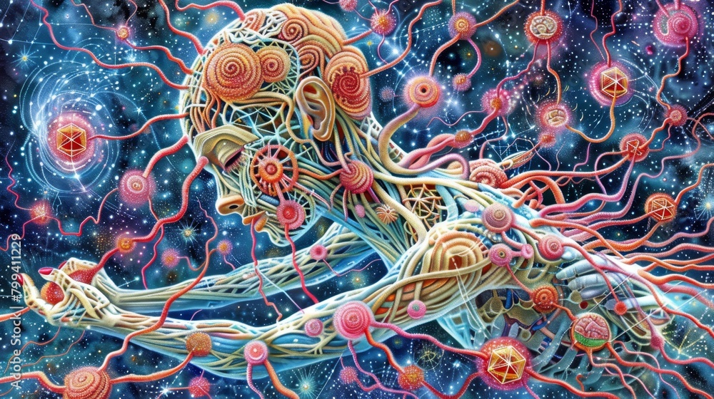 Poster a painting of a figure encircled by various-sized circles in assorted shapes and colors