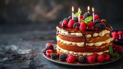 Chocolate Cake With Lit Candles on a Plate