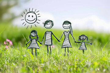 A child's drawing of a family on a background of real green grass. Happy Family Day. Postcard with children's hands