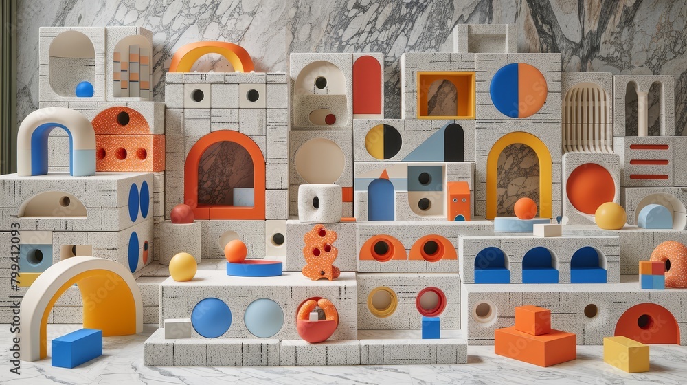 Poster various objects with distinct shapes and sizes occupy a white countertop against a marble wall backd