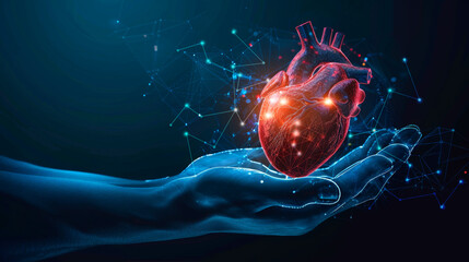 Digital hand holding a heart, concept of healthcare in tech, AI