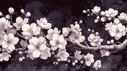   A monochrome depiction of a flower-laden branch against a dark backdrop, adorned with a splash of vibrant color