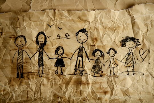 Old children's drawing of a family drawn in black pencil or charcoal on blackened paper. Happy family day. Memories of childhood.