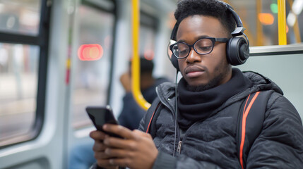 Young man using mobile phone while commuting by public transport.